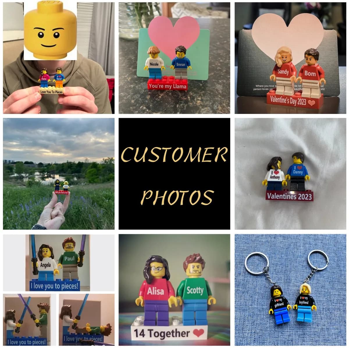 Collage of customer photos of personalized brick figure gifts and keychains