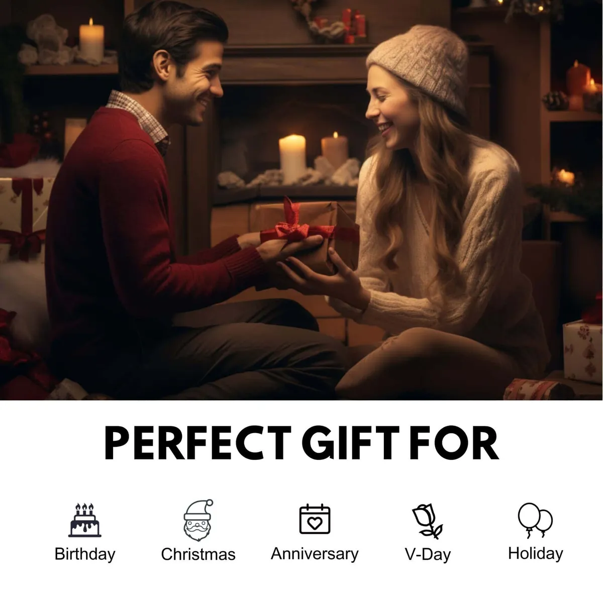 Couple exchanging a small wrapped gift — perfect for birthdays, Christmas, anniversaries and Valentine's Day