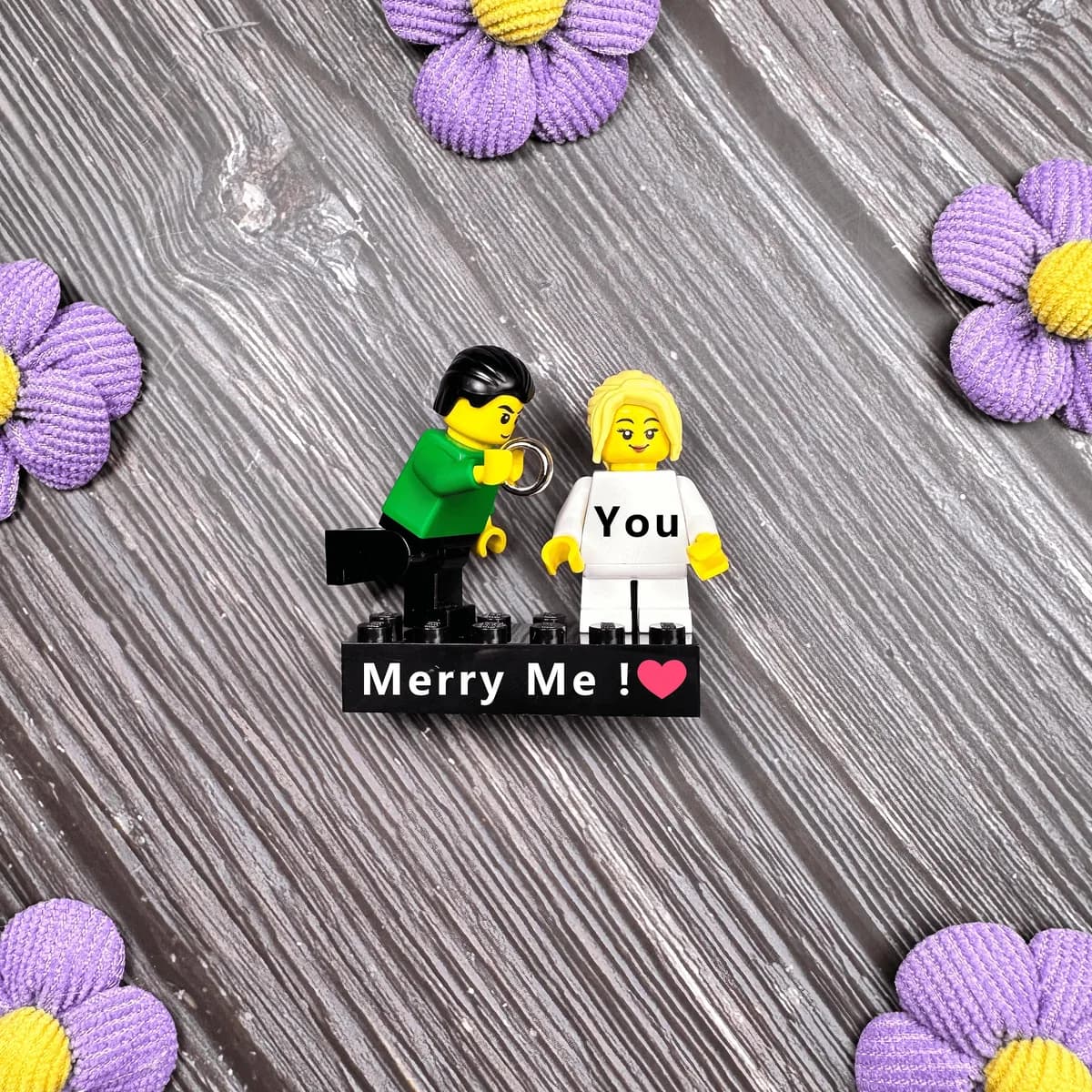 Brick figure proposal scene with custom Marry Me base brick