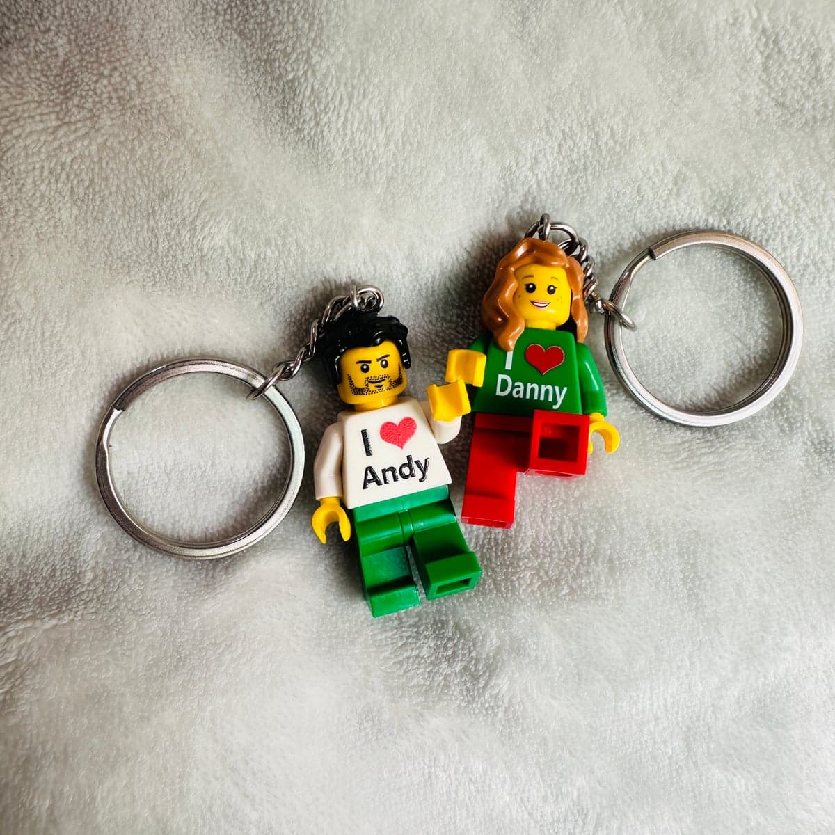 Two Personalized Brick Figure Keychains — real product example